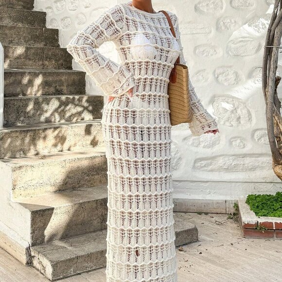 Beige Women's Crochet Jacquard Long Cover Up Dress - Picture 3 of 6